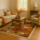 Machine washable rug with pumpkins, flowers, and fall foliage design.